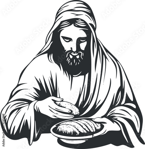Black and white illustration of a religious figure holding bread, symbolizing spiritual nourishment.