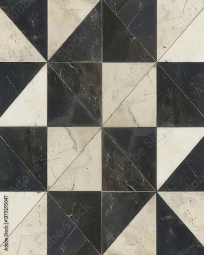 Black and white triangle tile pattern forming squares on floor surface tile pattern