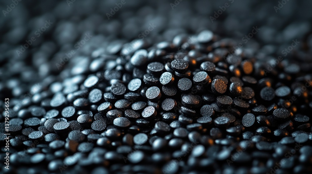 Closeup view of black plastic pellets on dark surface with shallow depth of field in abstract industrial photography Closeup view of black plastic pellets on dark surface with shallow depth of field in abstract industrial photography