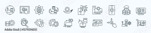 Industrial communication network thin icon set containing communication network, human machine interface, switches, ethernet, fiber optic
