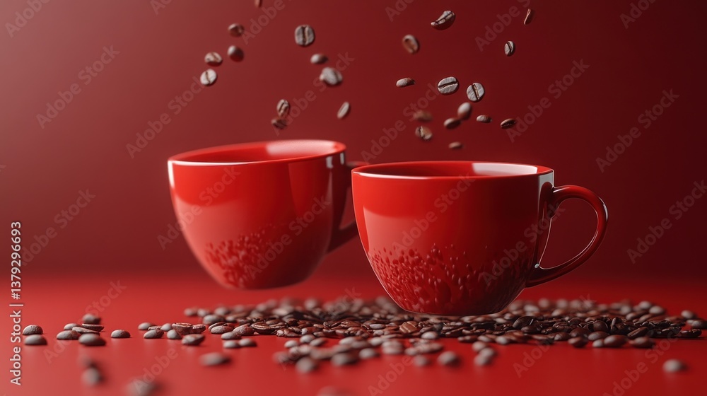 Fototapeta premium Floating Red Disposable Coffee Cups Above Red Background Minimalist Design 3D Render