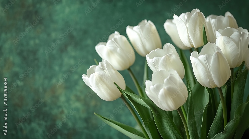 Fototapeta premium Elegant White Tulips Bouquet Spring Flowers Floral Nature Photography Beautiful Delicate Romantic Soft Pastel Green Background Fresh Blossom Floral Design Pretty Springtime White Tulips Macro Shot 
