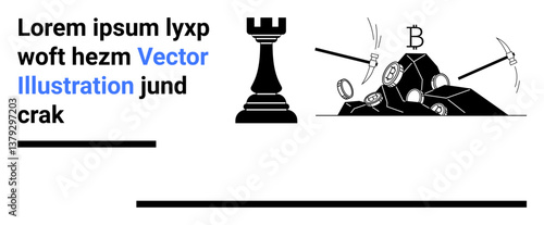 Chess rook symbolizing strategy beside pickaxes striking a pile of cryptocurrency coins. Ideal for blockchain, finance, technology, innovation, strategy, investment, simple landing page