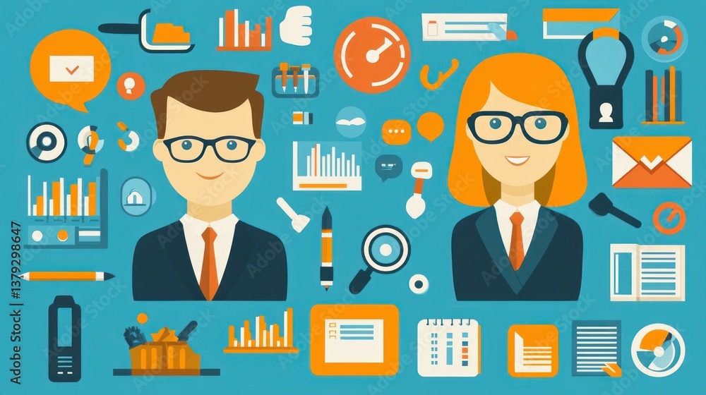 Business Professionals with Icons Office Tools Analytics and Communication Symbols for Corpo Business Professionals with Icons Office Tools Analytics and Communication Symbols for Corpo