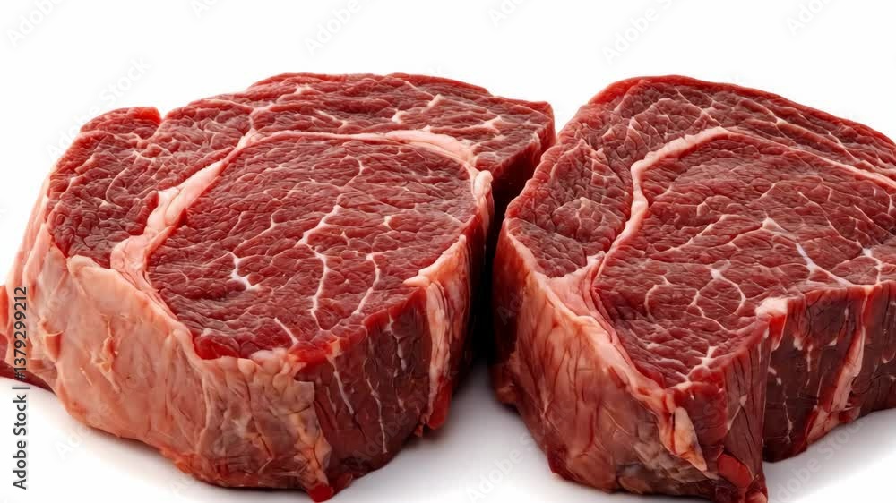 Freshly cut beef steaks displayed on a white background ready for cooking or grilling Freshly cut beef steaks displayed on a white background ready for cooking or grilling