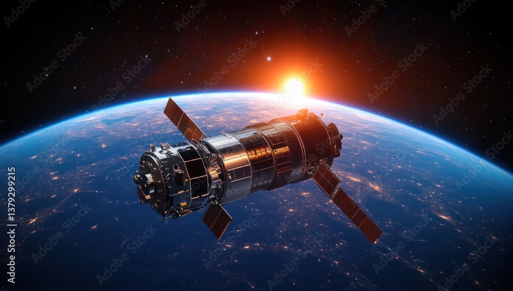 custom made wallpaper toronto digitalSpace Satellite Orbiting Earth with Sunlight in Distance and Vibrant Starry Sky