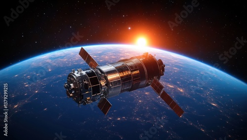 Wallpaper Mural Space Satellite Orbiting Earth with Sunlight in Distance and Vibrant Starry Sky Torontodigital.ca