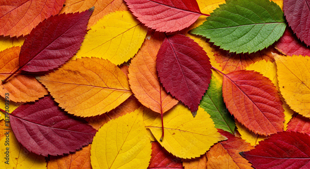 A variety of colorful autumn leaves in red, yellow, orange, and one green leaf. A variety of colorful autumn leaves in red, yellow, orange, and one green leaf.