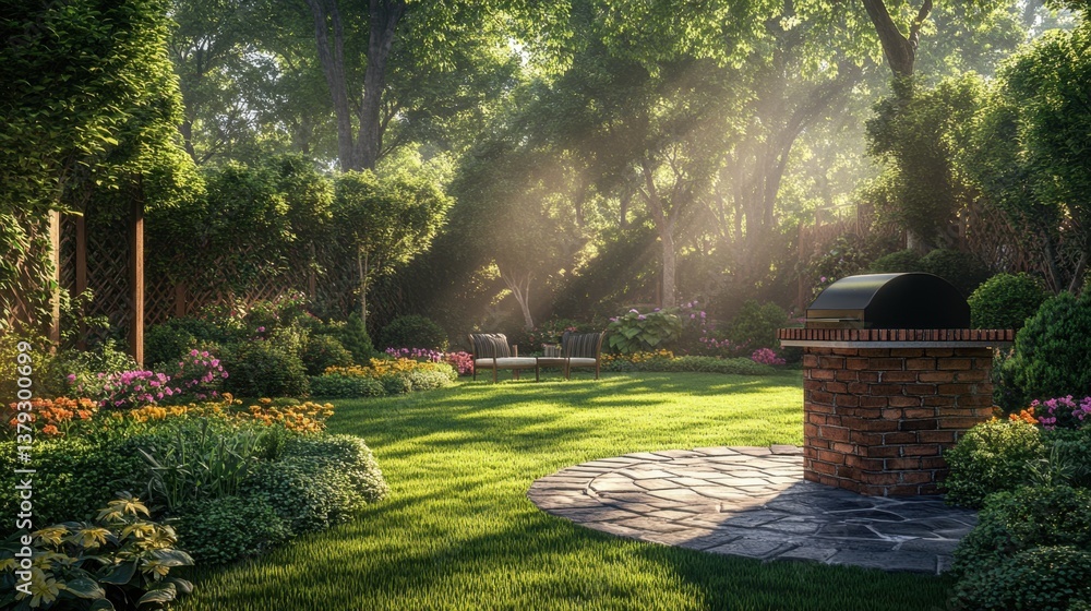 Fototapeta premium Serene Backyard Garden with Lush Greenery and Outdoor Grilling Area