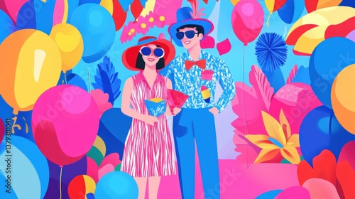 Wallpaper Mural Colorful Celebration Festive Couple Amidst Balloons and Decorations for Joyful Events Torontodigital.ca