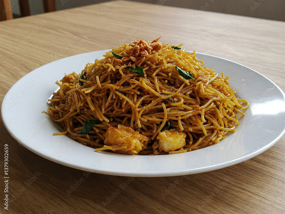 a plate of freshly cooked Fried Vermicelli, a quintessential Indonesian dish, presented on a pristine white plate. a plate of freshly cooked Fried Vermicelli, a quintessential Indonesian dish, presented on a pristine white plate.
