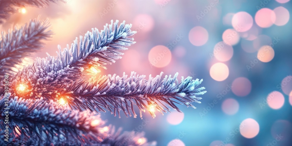 Frosted Pine Branches with Soft Holiday Lights and Bokeh Background in Pastel Hues for Christmas and New Year Celebration Frosted Pine Branches with Soft Holiday Lights and Bokeh Background in Pastel Hues for Christmas and New Year Celebration