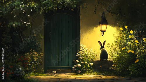 Rabbit witchy garden night scene surrounded by leaves trees lantern moonlight nature path house door cozy fantasy forest animal mysterious illustration foliage magic shadows woodland hut nook dark