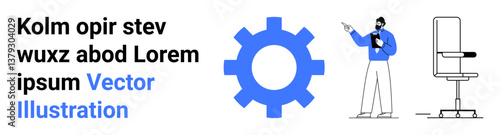Man giving a presentation, large gear symbol, modern office chair. Ideal for corporate training, teamwork, productivity, engineering, innovation, workplace setup simple landing page