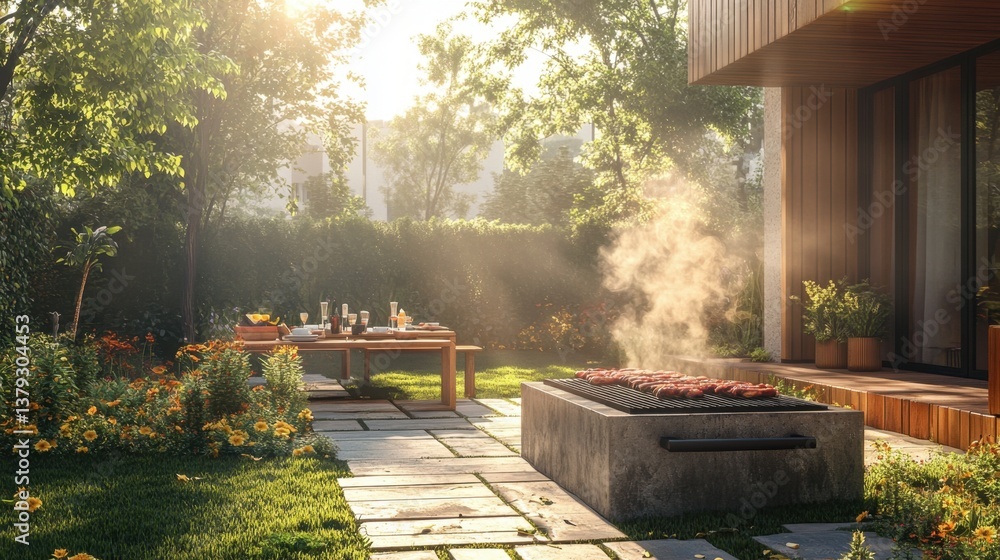 Obraz premium Sunlit Backyard Barbecue Gathering with Grilled Food and Relaxing Atmosphere