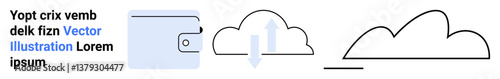 Wallet icon beside cloud with upload and download arrows, symbolizing digital wallet, file transfer. Ideal for cloud computing, digital finance, data security, online storage, file sharing, fintech
