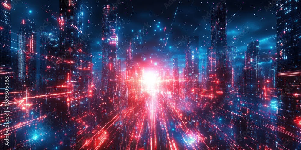 Futuristic Cyberpunk Cityscape with Neon Lights and High-Tech Skyscrapers in a Digital Aesthetic Futuristic Cyberpunk Cityscape with Neon Lights and High-Tech Skyscrapers in a Digital Aesthetic