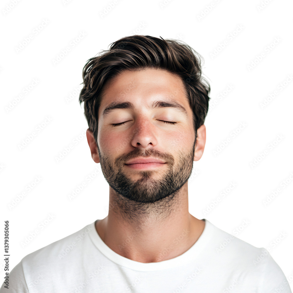 Obraz premium A Man with Calm Expression Eyes Gently Closed and Beard Isolated on Transparent Background