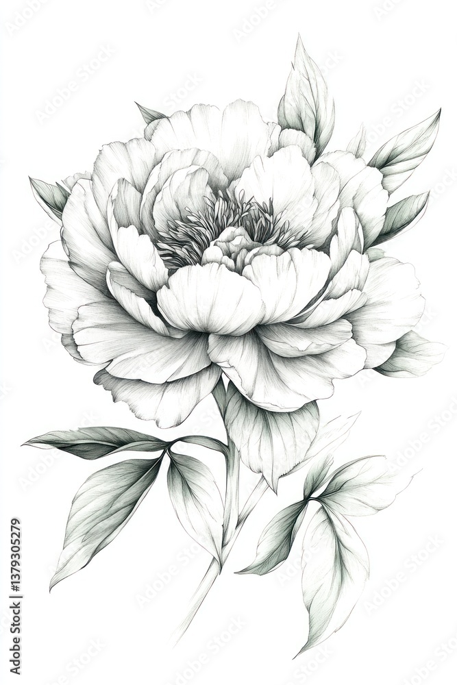 Fototapeta premium A Detailed Pencil Drawn Illustration of a Beautiful Flowering Peony