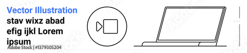 Minimalistic outline laptop with a video play button icon nearby. Ideal for online education, webinar promotion, media streaming, technology, video conferencing, content creation, simple landing page