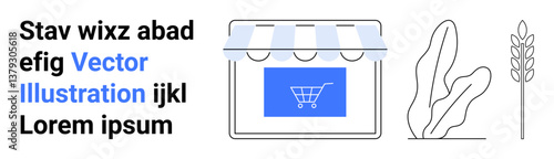 Storefront with striped canopy and shopping cart on screen, surrounded by abstract plant and wheat shapes. Ideal for e-commerce, nature-based brands, sustainability, retail, agriculture, minimalist