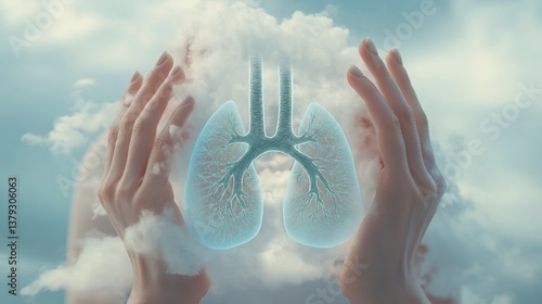 Breathing Easier Concept. Hands lifting lungs gently into a sky filled with soft clouds, symbolizing ease and relief in breathing.