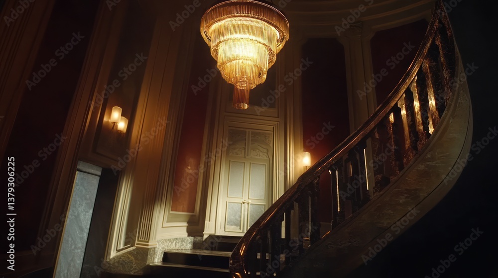 Obraz premium Elegant Spiral Staircase with Ornate Chandelier and Warm Lighting Perfect for Luxury Interior