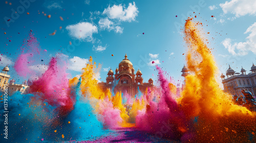Krishna celebrates Holi with vibrant colors in a modern city setting during the daytime with cultural festivities in the background