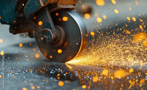 Industrial Metal Grinder Cutting Steel Pipe with Sparks at Construction Site photo