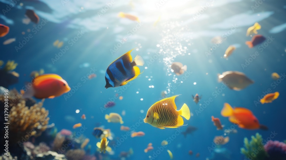 Fototapeta premium A vibrant underwater view of exotic fish swimming gracefully in a clear blue ocean, illuminated by sunlight.
