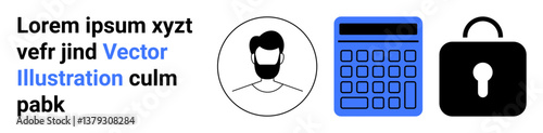 Portrait icon, calculator, and lock design emphasizing security, calculations, and user identity. Ideal for fintech, cybersecurity, data management, banking personal identity online safety