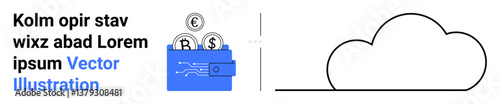 Digital wallet holding cryptocurrency coins thumbs up Bitcoin and Dollar alongside cloud icon. Ideal for finance, cryptocurrency, technology, savings, online payment, cloud storage, simple landing