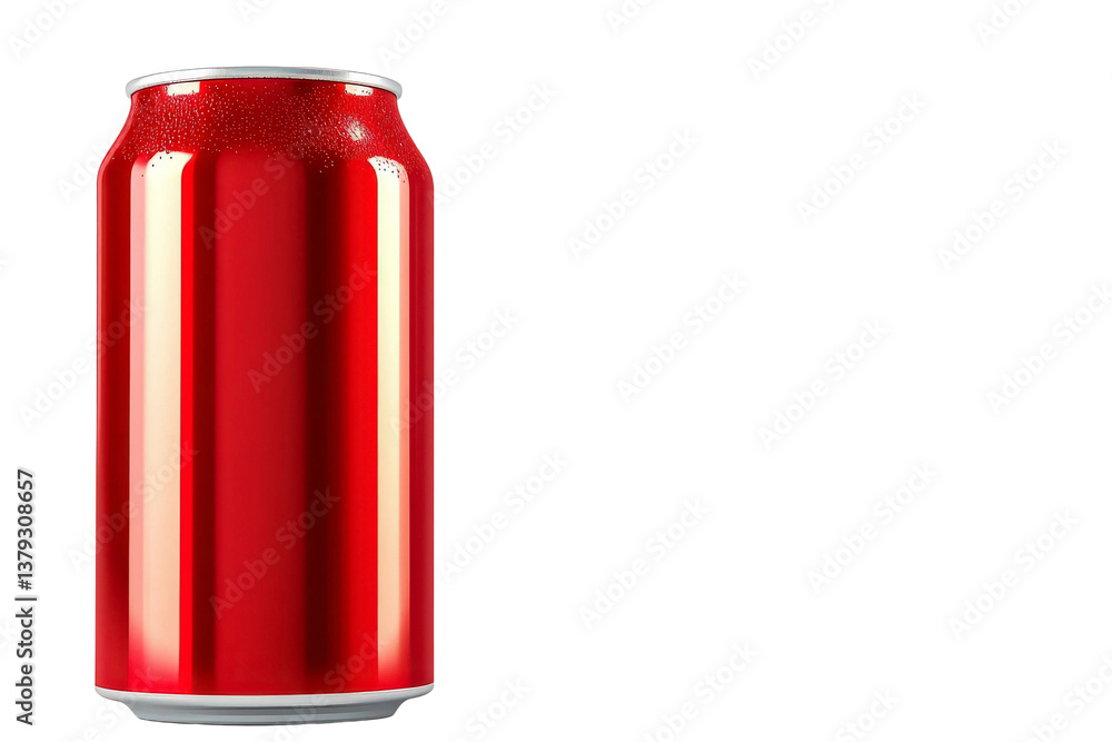 Bright Red Aluminum Beverage Can with Water Droplets Isolated on White Background for Refreshing Drink Concept and Product Placement Bright Red Aluminum Beverage Can with Water Droplets Isolated on White Background for Refreshing Drink Concept and Product Placement