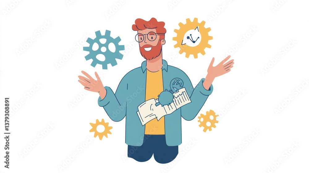 Man explaining a project with charts and gears Man explaining a project with charts and gears