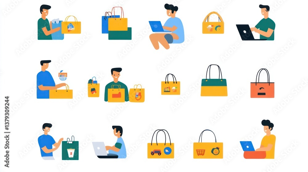 Online Shopping and Ecommerce Activities Illustrated with People Using Laptops and Holding Sho Online Shopping and Ecommerce Activities Illustrated with People Using Laptops and Holding Sho
