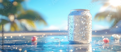 Refreshing sparkling water in modern aluminum can tropical beach high fidelity image bright environment vibrant concept