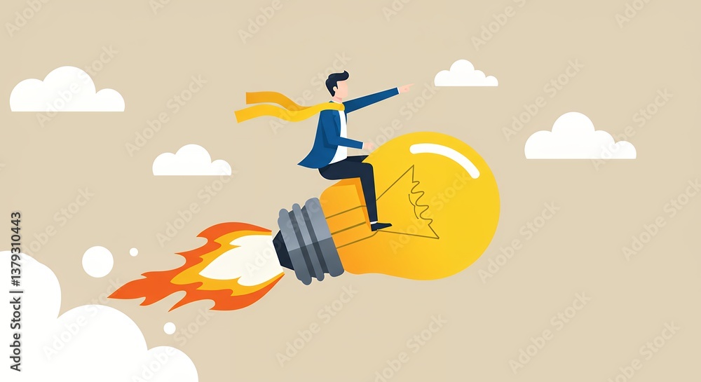 Fototapeta premium Man Rides Lightbulb Rocket Idea Concept for Innovation and Business Vision