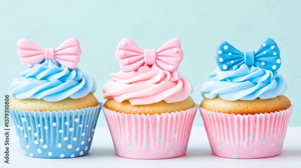 Adorable Pink and Blue Cupcakes with Bow Decorations Adorable Pink and Blue Cupcakes with Bow Decorations
