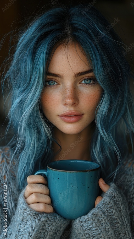 Young Woman with Blue Wavy Hair in Blue Sweater Holding Teal Tea Cup in Cozy Indoor Setting Reflecting on Solitude and Emotion Young Woman with Blue Wavy Hair in Blue Sweater Holding Teal Tea Cup in Cozy Indoor Setting Reflecting on Solitude and Emotion