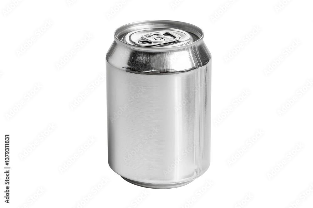 Blank aluminum beverage can standing upright on a white background suitable for product design and packaging mockup purposes with natural reflections Blank aluminum beverage can standing upright on a white background suitable for product design and packaging mockup purposes with natural reflections