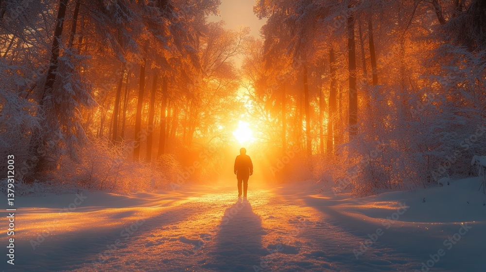 Fototapeta premium A solitary figure gathering natural elements in a snowy forest for winter solstice celebration at dusk