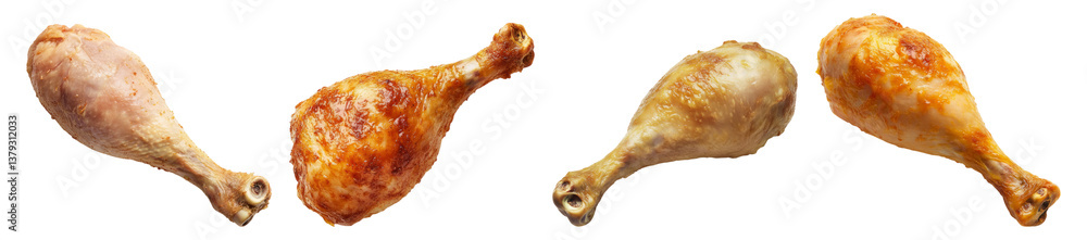 Four Varieties of Delicious Cooked Chicken Drumsticks on White Background, Isolated on Transparent Background Four Varieties of Delicious Cooked Chicken Drumsticks on White Background, Isolated on Transparent Background