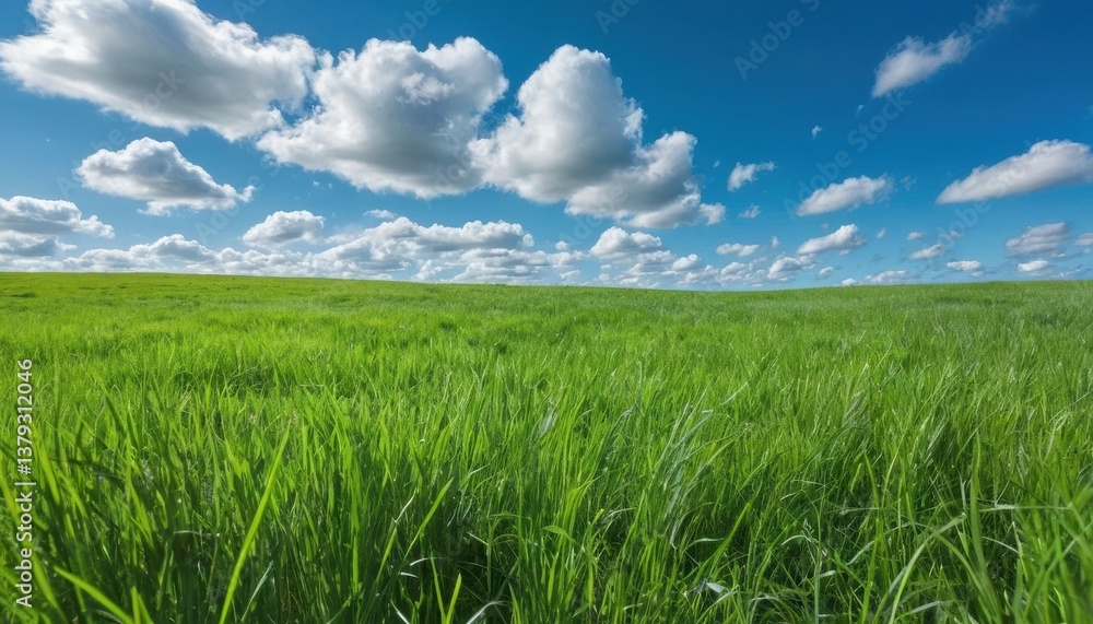 A grassy field extends to the horizon, beneath a sky filled with clouds. A grassy field extends to the horizon, beneath a sky filled with clouds.