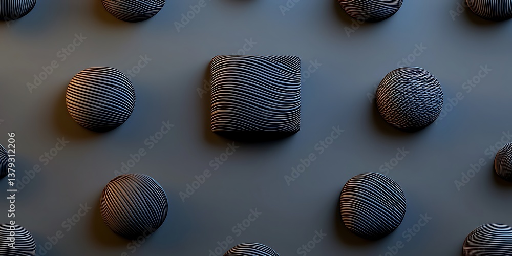 Fototapeta premium Abstract arrangement of textured spheres and a square on a dark surface, emphasizing depth