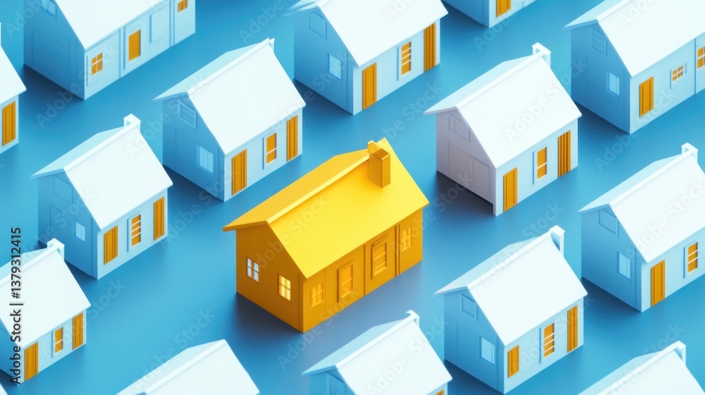 A single, highlighted home amidst a community of houses A single, highlighted home amidst a community of houses