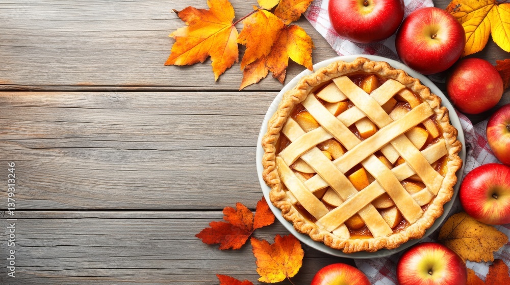 Autumn Apple Pie on Rustic Wooden Table Autumn Apple Pie on Rustic Wooden Table