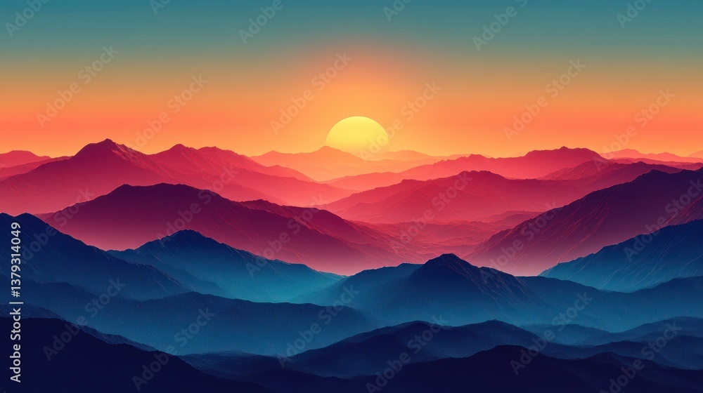 Obraz premium Sunset mountain range landscape, hazy backdrop