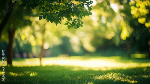 Fototapeta Naklejka Na Ścianę i Meble -  Serene Green Summer Park Meadow Landscape Sunlight Bokeh Background Nature Peaceful Tranquil Lush Foliage Trees Green Grass Calm Relaxing Soft Light  
