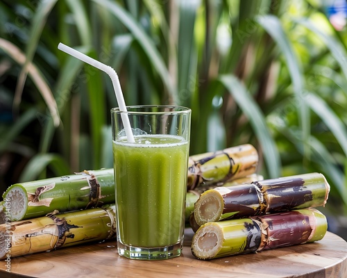 A glass of vibrant green sugarcane juice sits beside fresh sugarcane stalks on a wooden surface, bathed in natural light.