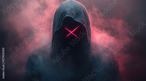 A hooded figure with a glowing neon mask and red X eyes stands in the darkness, sporting an eerie smile. The characterthreatening pose and the ominous, futuristic cyberpunk aesthetic evoke Halloween 
